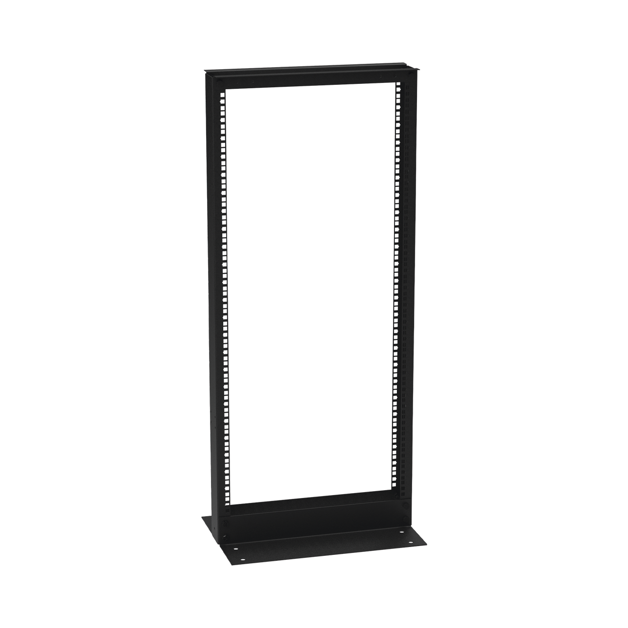 Rack de 2 Postes (Doble Perforación), Estándar 19, 24 Unidades, Fabricado en Acero, Base L para Anclar a Piso.