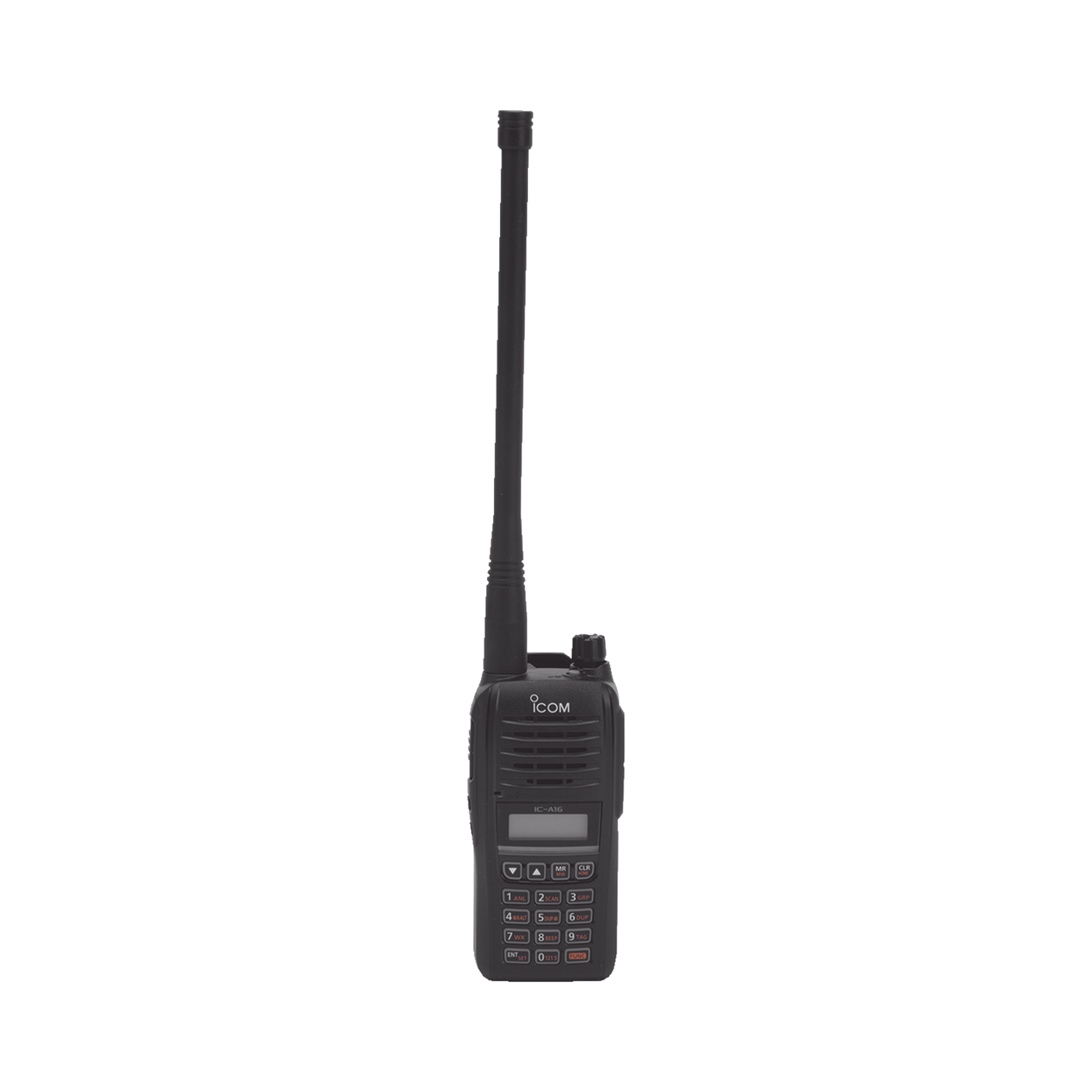Radio Portátil Aéreo, rango de frecuencia 118-136.99166 MHz, 6W PEP, 200 canales alfanuméricos, pantalla de 8 caracteres, incluye bateria, cargador, antena y clip