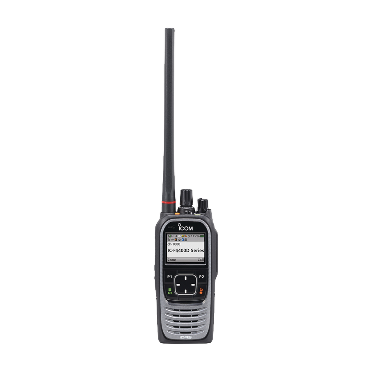 Radio portátil digital y analógico con pantalla a color en rango de frecuencia 450-512 MHz, 1024 canales, 5 W de potencia de RF.  Batería, cargador, antena y clip incluidos.