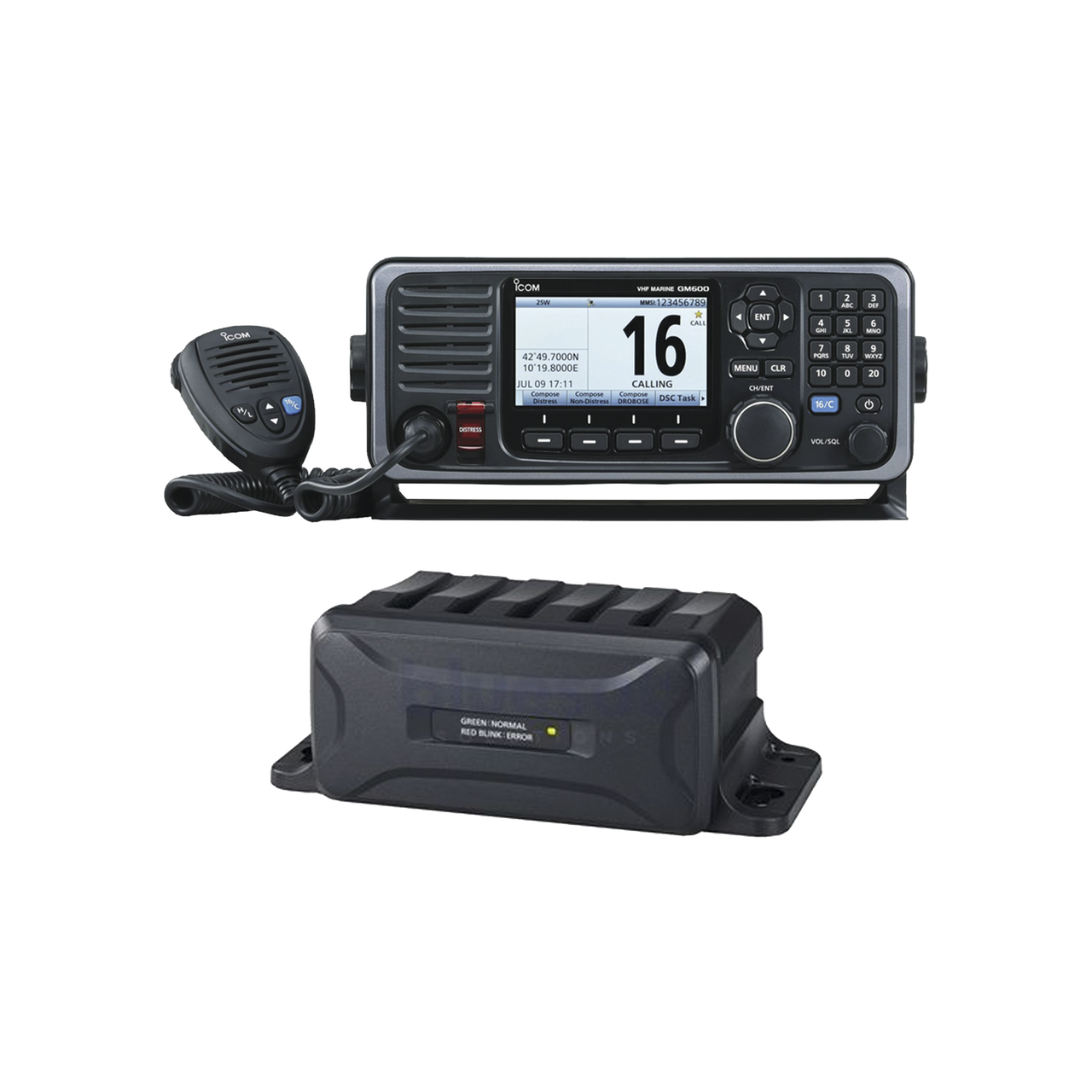 Radio Móvil Marino en banda de VHF, Rx: 156.025-162.000, Tx: 156.025-161.600 MHz, cumple con GMDSS bajo el requerimiento de SOLAS, pantalla de 4.3 pulgadas. Incluye micrófono, kit de montaje y convertidor de 12VD