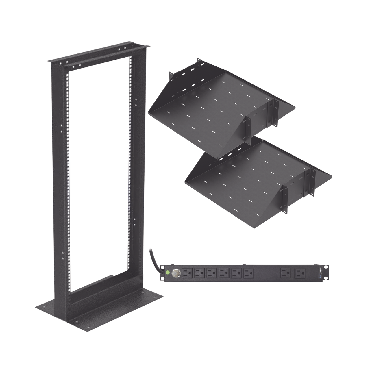 Kit de Rack Estándar 19, 24 UR con 2 Charolas  y PDU (8 tomas). Ideal para UPS y Servidores tipo Torre.