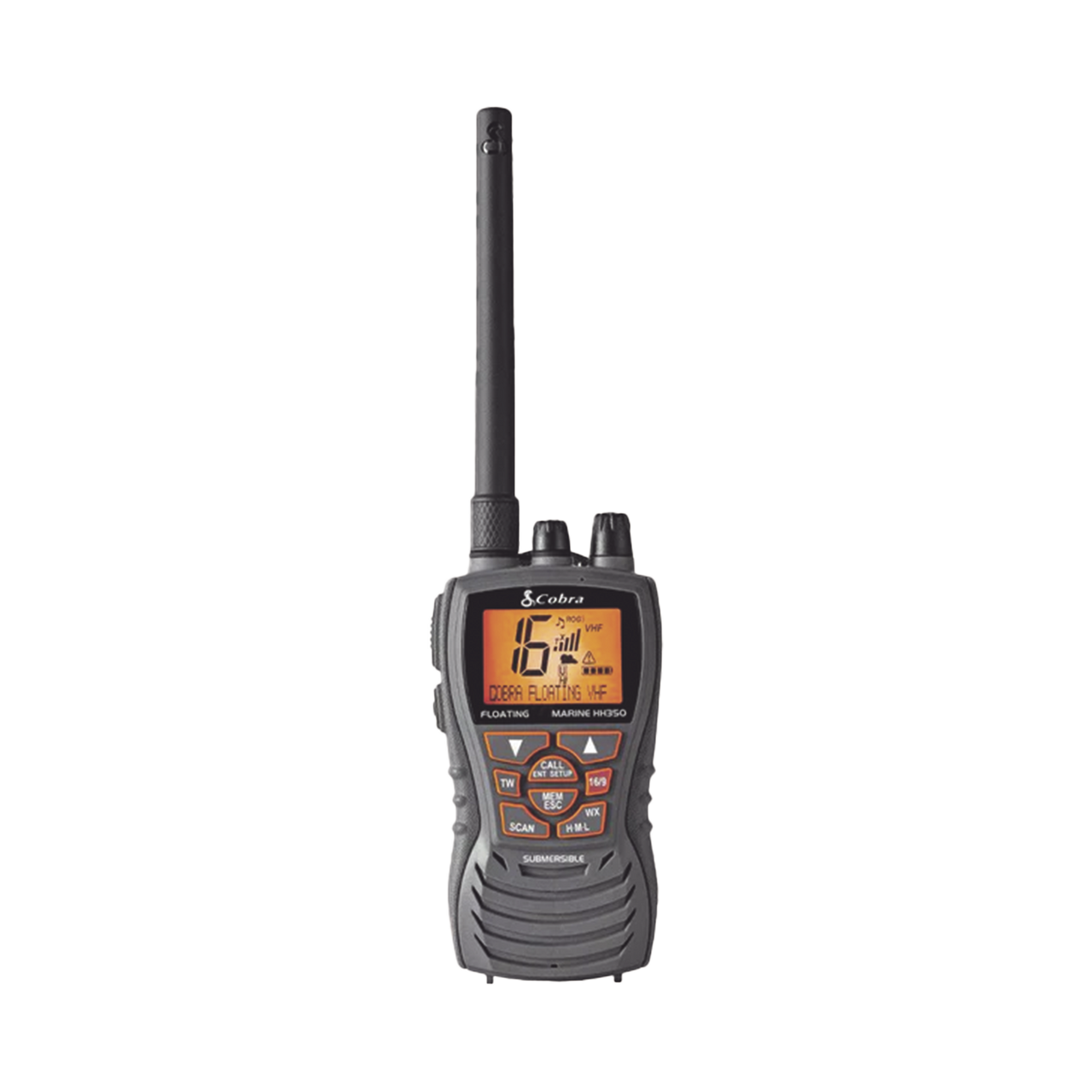 Radio portátil marino flotante y sumergible con función de eliminación de agua de la bocina mediante vibración,  potencia de RF de 6 Watts.