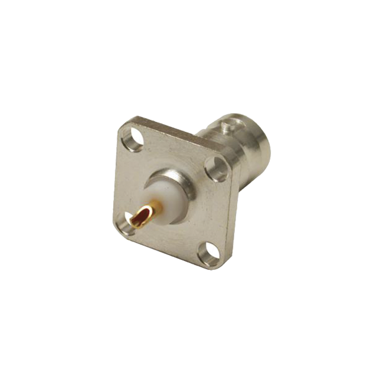 Conector BNC Hembra para Chasis, 4 Perforaciones con 12.7 mm, Plata/ Oro/ Teflón.