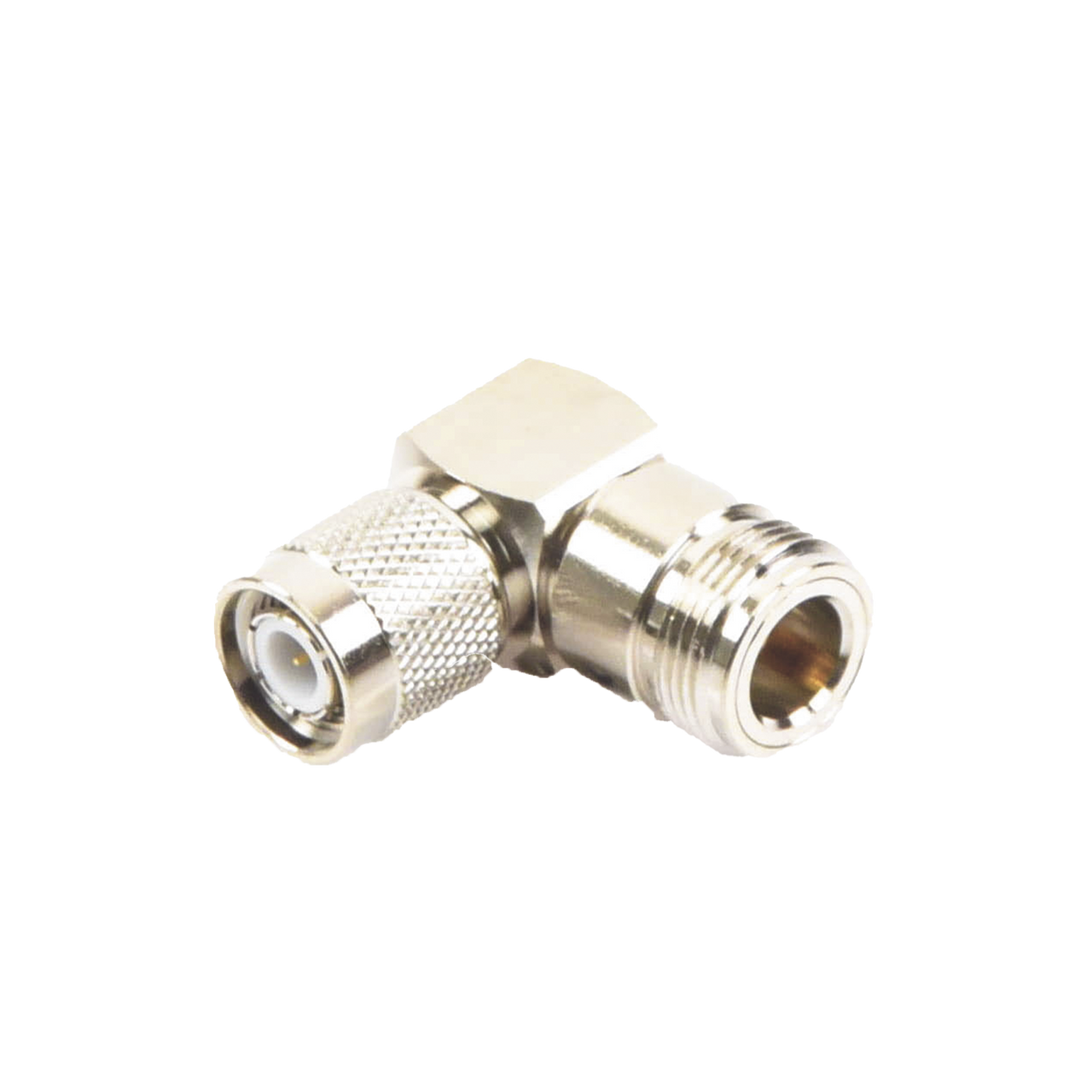 Adaptador en Ángulo Recto de Conector TNC Macho a N Hembra, Níquel/ Oro/ Teflón.
