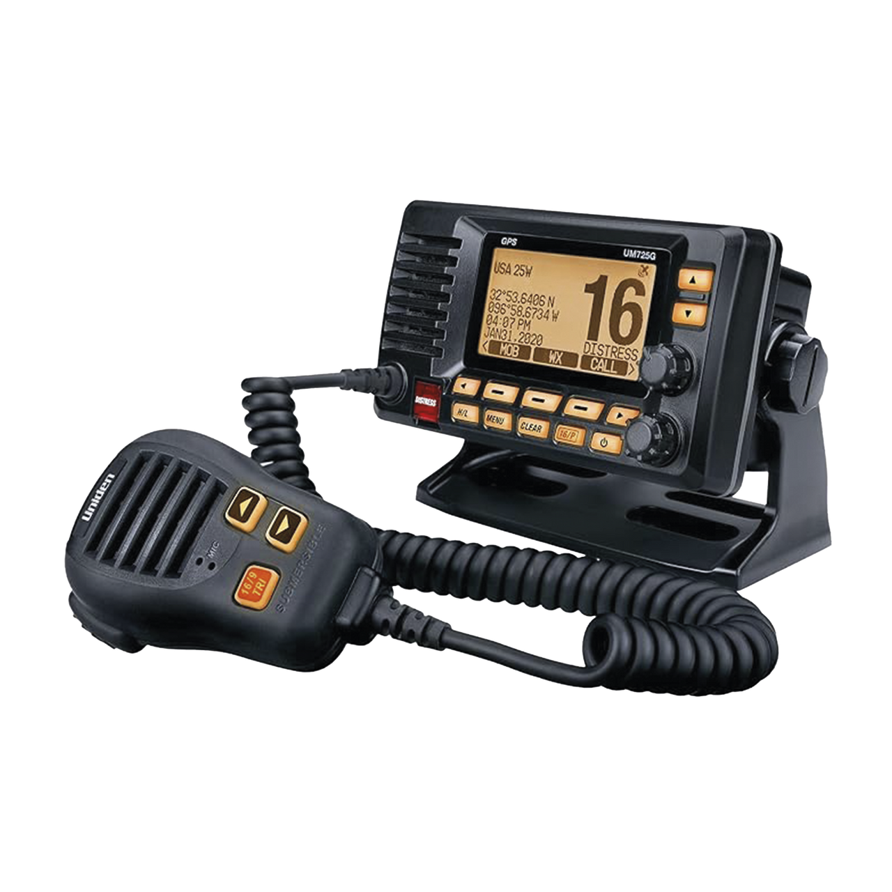 Radio Móvil Marino VHF, color negro con receptor de GPS integrado, puerto de conexión NMEA 2000, 25W de potencia de RF, sumergible IPX8.